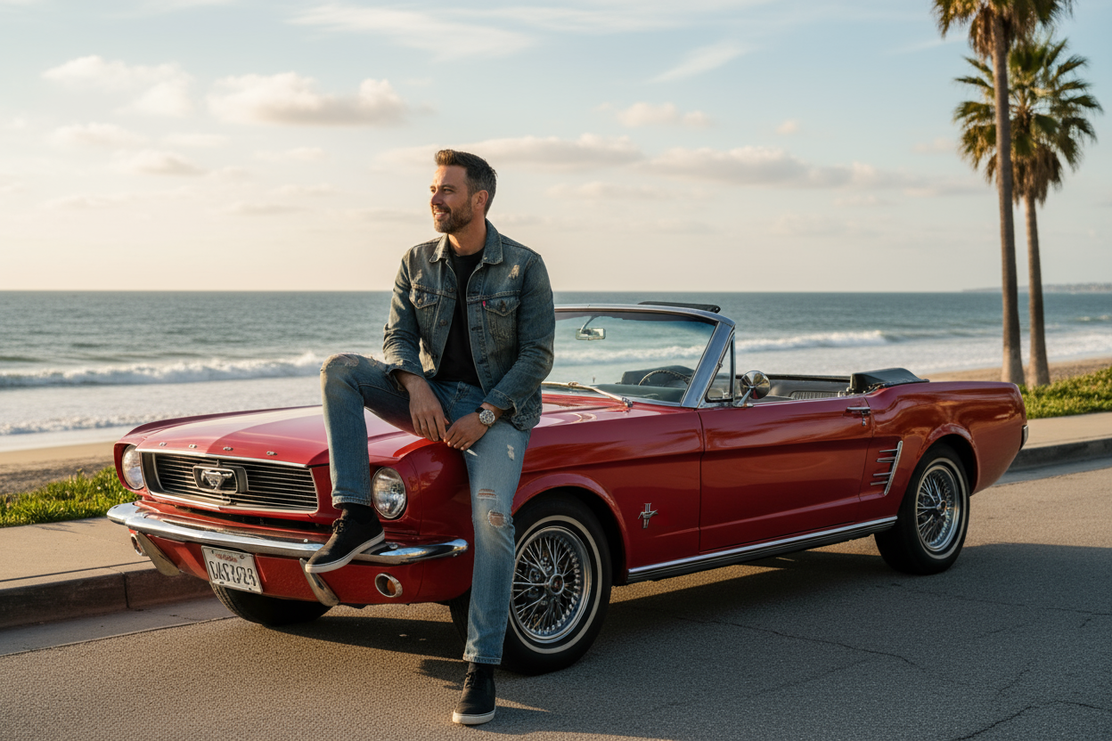 man sitting on hood of red oldtimer ford mustang next to the sea
